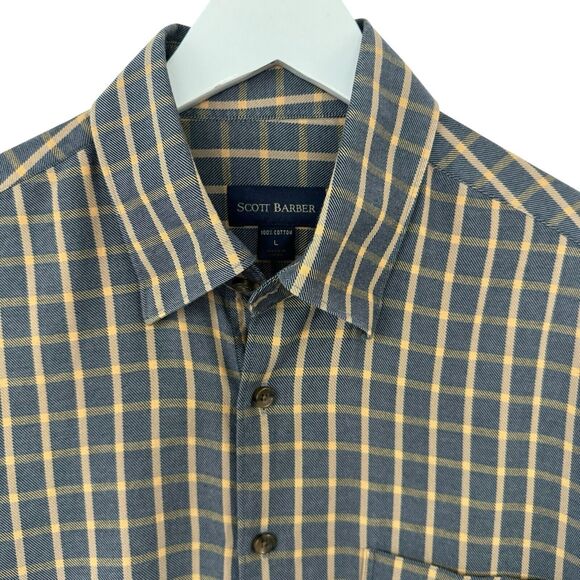 SCOTT BARBER Men's Button Down Shirt Gray Brushed Plaid Long Sleeve Pocket L - Picture 3 of 9